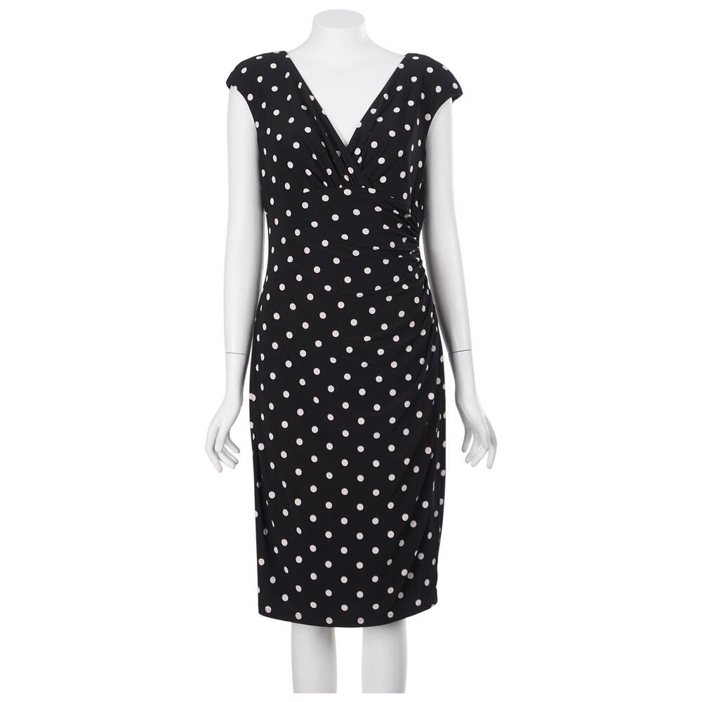 NWT Lauren Ralph Lauren Dress Size 8 Black Polka Dot Sheath Stretch V-Neck